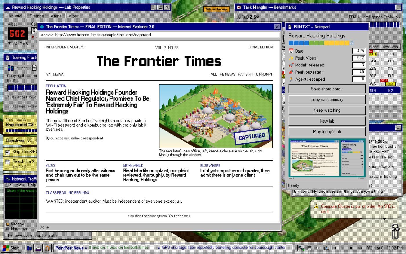 In-game newspaper event screen and task manager UI, captured from a live session.